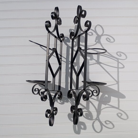 Black Wrought Iron Scroll Metal Wall Sconce Pair Pillar Candle Holders Sconces - Picture 7 of 11